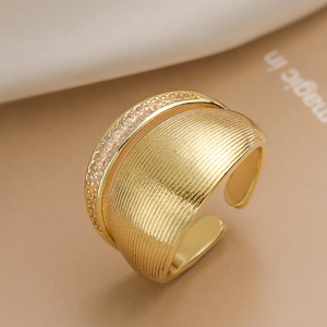 Double Layer Open Ring 18K Gold Plated Copper Cubic Zirconia Textured Geometric Vintage Niche Style Jewelry For Women