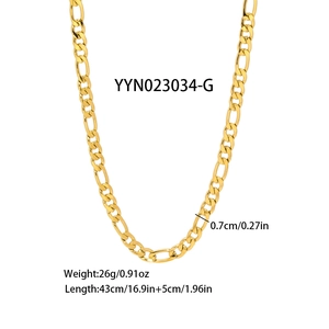 Detail view of gold Figaro chain necklace showing width, weight, and adjustable length spec