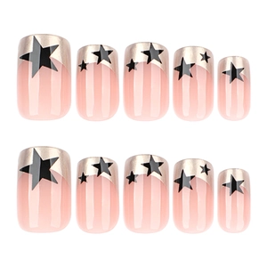 French pearly pink press-on nails with black stars and silver metallic french tips