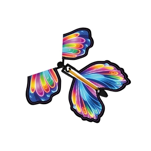 Detailed view of flying butterfly toy with colorful iridescent wings and black body frame