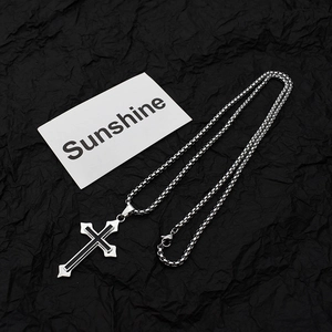 Hip hop style silver stainless steel cross pendant necklace with black parallel stripes