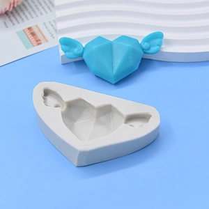 Winged heart silicone mold for DIY baking with 3D geometric blue heart sample display