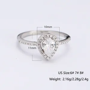 Sparkling S925 sterling silver pear-shaped halo ring with side cubic zirconia stones
