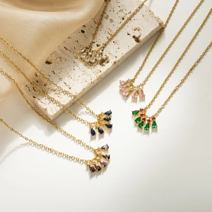 Copper Zircon Necklace Gold Plated Pear Cut Teardrop Stones Fan Shaped Pendant Clavicle Chain Jewelry For Women