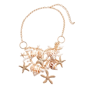 Double-layered gold alloy necklace featuring starfish, seashells and pearls in resort style