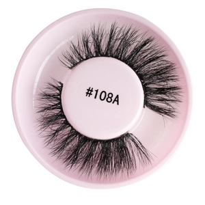 Detail of black self-adhesive eyelashes #108A in a round pink storage case