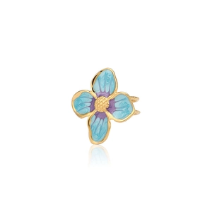 Gold stainless steel ring with blue and purple enamel flower design on white background