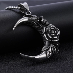 Gothic crescent moon and rose pendant necklace in antique silver for street punk style
