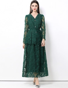 Damen Elegantes Floral Besticktes Spitzenoberteil Und Maxirock Outfit V-Ausschnitt Langarm Taillenband Dunkelgrün