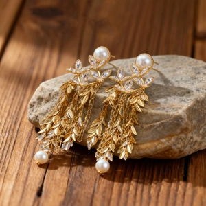 18K gold plated flower leaf fringe earrings with faux pearls and sparkling crystals