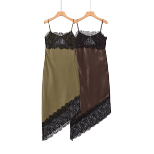 Robe Fond De Robe Satin Femmes Patchwork Dentelle Col En V Ourlet Asymétrique Sans Manches Fines Bretelles Sexy Élégante Soirée