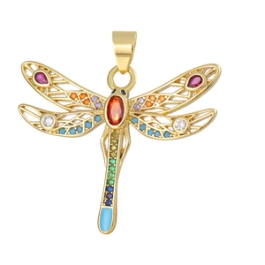 Golden dragonfly pendant with colorful zircons on white background for jewelry making