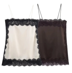 Detail of silk satin camisole set with black lace trim in cream and dark coffee colors