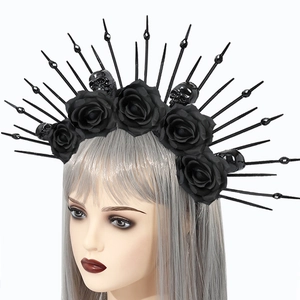Gothic black rose halo headband with miniature skulls and spikes for Halloween