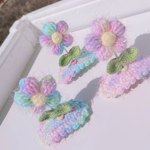 Handmade Crochet Flower Hair Clip 3D Yarn Shaking Spring BB Clip For Kids Girls Macaron Gradient Colors Sweet Cute