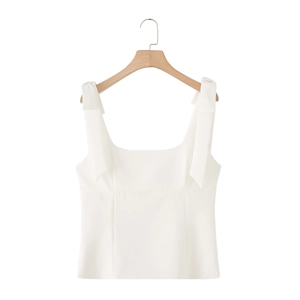 White square neck slim fit top with elegant bow shoulder straps on wood hanger