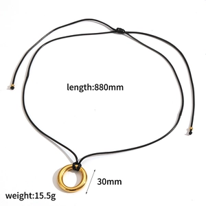 Detailed view of long wax cord necklace with 30mm golden ring pendant and dimensions
