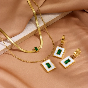 Vintage gold layered necklace set with green zircon square shell pendant and earrings
