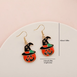 Detail view of pumpkin wizard hat earrings with size dimensions and weight info