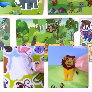 Detail of reusable forest animal stickers showing easy peeling and positioning for kids