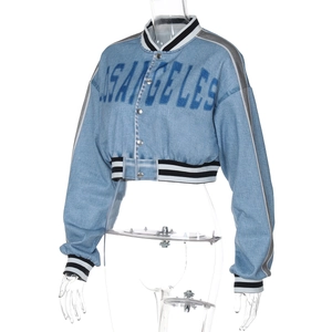Detail of Los Angeles print on blue denim crop jacket with striped ribbed trims