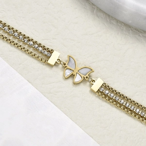 Three-layer gold butterfly titanium steel bracelet with rhinestones and white shell charm