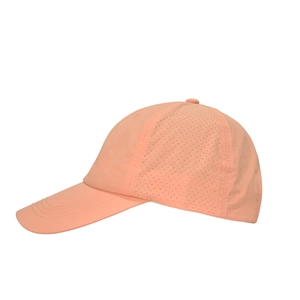 Detail view of light orange sun hat with long brim and laser-cut breathable side holes