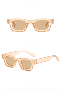Detail view of tea-colored square sunglasses showing both front and 45-degree side angles