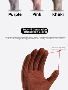 Detail of soft knitted thermal gloves showing two-finger touchscreen tips for smartphones
