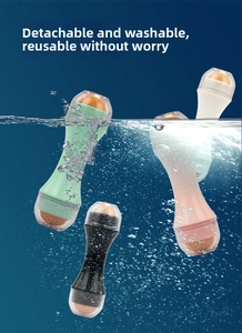Washable double-headed volcanic face roller showing water immersion and cleaning process