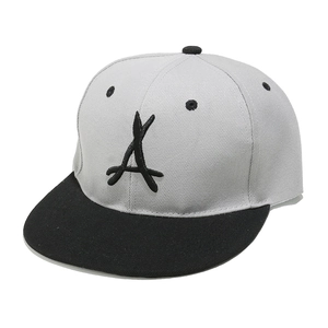 Close-up of black embroidered letter A on a gray and black flat brim snapback cap