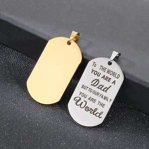 Detail of engraved stainless steel dog tag necklace with Father's Day message