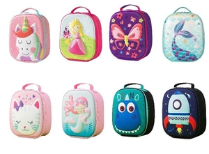 Detail view of colorful 3D cartoon animal patterns on children lunch bags and backpacks