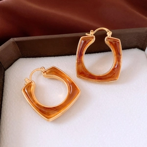 Macro detail of retro resin square earrings with golden frame in jewelry gift box