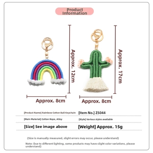 Detail view of handmade macrame rainbow and cactus keychains with size measurements