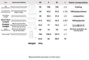 Size chart and fabric details for faux leather jacket and pants set in embossed texture