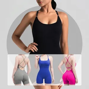 Women's backless yoga jumpsuit with cross straps and push-up effect in four colors