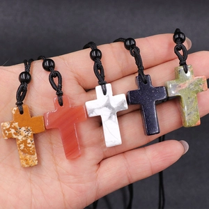 Natural crystal agate cross necklaces in five stone colors with black braided cord