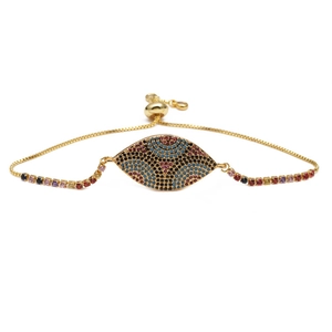 Adjustable golden Evil Eye bracelet with colorful cubic zirconia and sliding clasp
