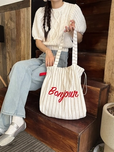 Striped canvas tote bag with Bonjour embroidery and drawstring closure for women