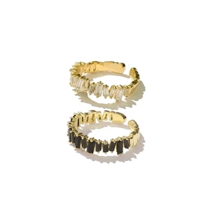 Adjustable gold open rings with micro-paved rectangular clear and black crystals