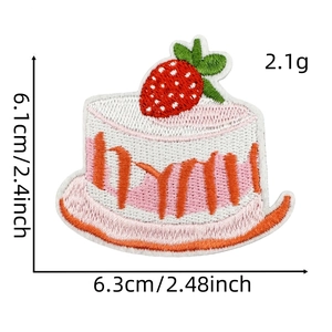 Detailed embroidery view of a strawberry cake patch with size dimensions and weight