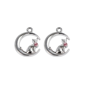 Pendentifs lune et chat argentés avec strass roses pour la fabrication de bijoux DIY