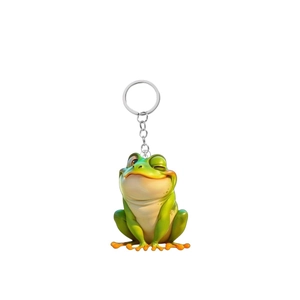 Detail of 3D-effect acrylic frog keychain with vibrant green skin and metal ring