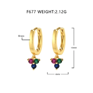 Detail of 19mm gold brass earrings with colorful zirconia stones and size dimensions