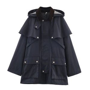 Navy hooded windbreaker jacket with corduroy collar and checkered lining detail