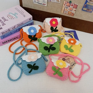 Handmade Crochet Kids Shoulder Bag Floral Knit Mini Crossbody Contrast Color Boys Girls Toddler Purse Daily Accessory