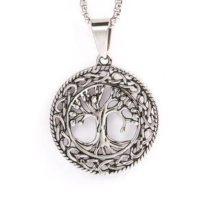 Close-up of silver stainless steel Celtic tree of life pendant with intricate hollow design