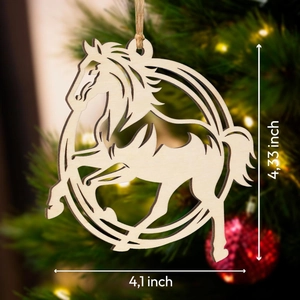 Detailed view of horse ornament with 4.33 x 4.1 inch dimensions on Christmas tree