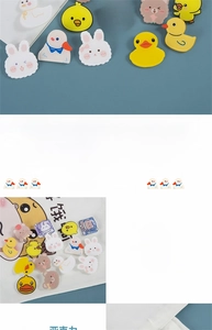 Detail view of colorful acrylic cartoon duck and bear animal pins for bag decorations